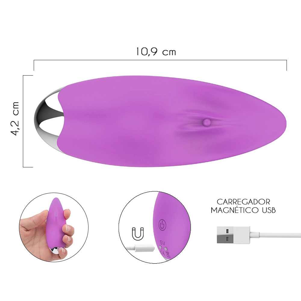 Vibrador Kissme Roxo em m�o feminina, demonstrando o tamanho e a ergonomia