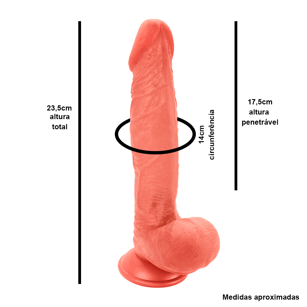 P�nis real�stico bege com escroto e ventosa, com medidas detalhadas: 23,5cm altura total, 17,5cm altura penetr�vel, 14cm circunfer�ncia