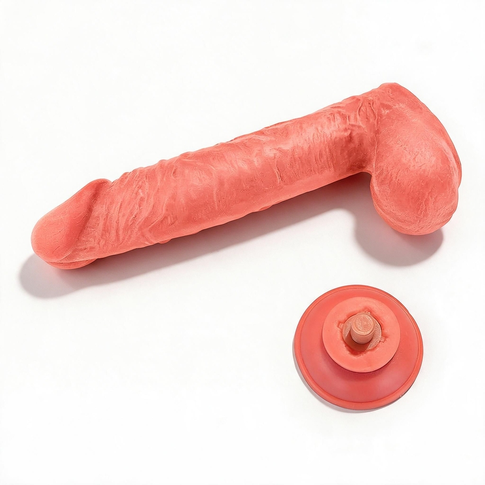 Ventosa remov�vel do p�nis real�stico bege com escroto, separada do dildo, vista de cima