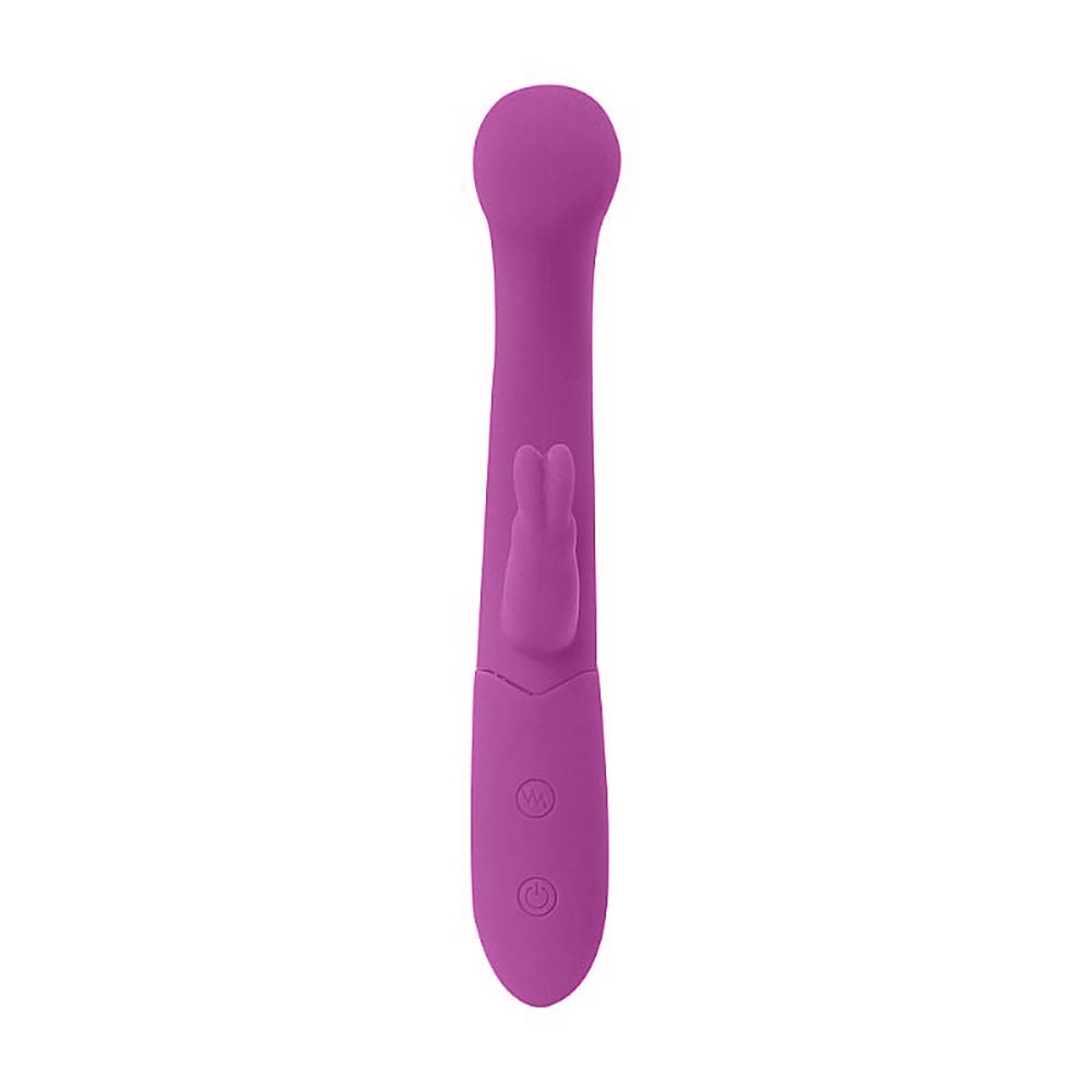 Vibrador Duplo Dada Roxo em silicone, vista superior com hastes para ponto G e estimulador de clit�ris