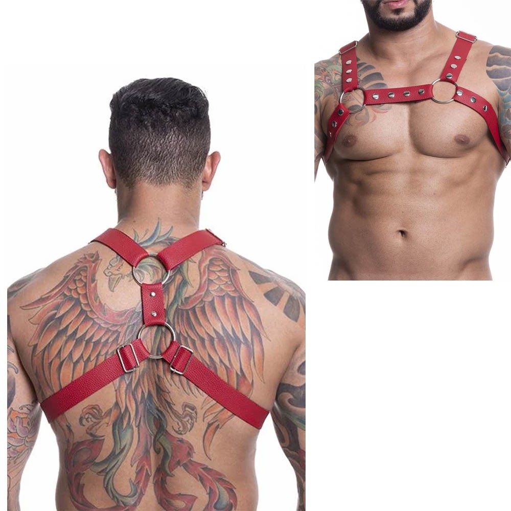 Harness Arreio Masculino Vermelho, vista lateral e traseira, mostrando ajuste e an�is met�licos