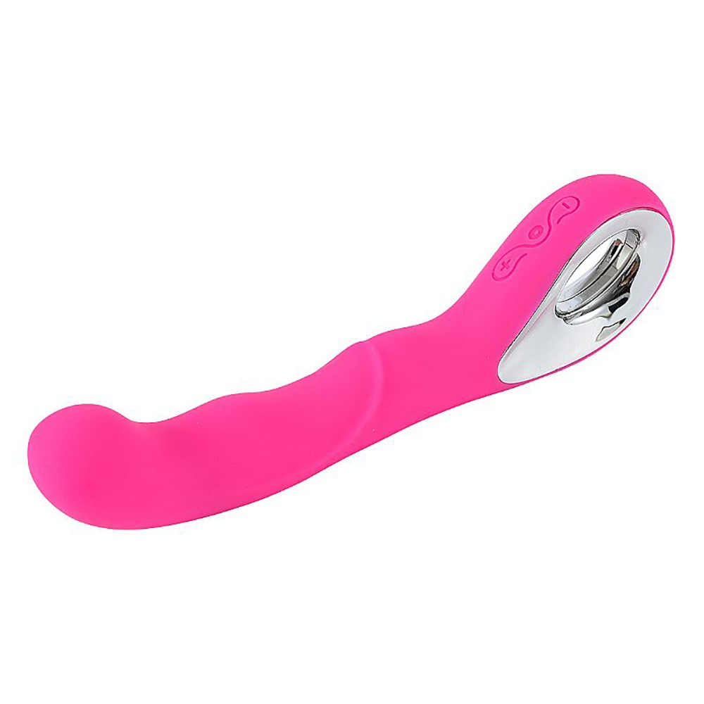 Vibrador Ponto G Recarreg�vel em Silicone Rosa, vista de cima, em fundo rosa