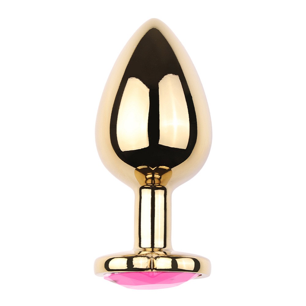 Vista lateral do Plug Anal Joia em A�o Cora��o Dourado Tamanho G Rosa evidenciando seu formato anat�mico em gota e a base luxuosa de cora��o dourado