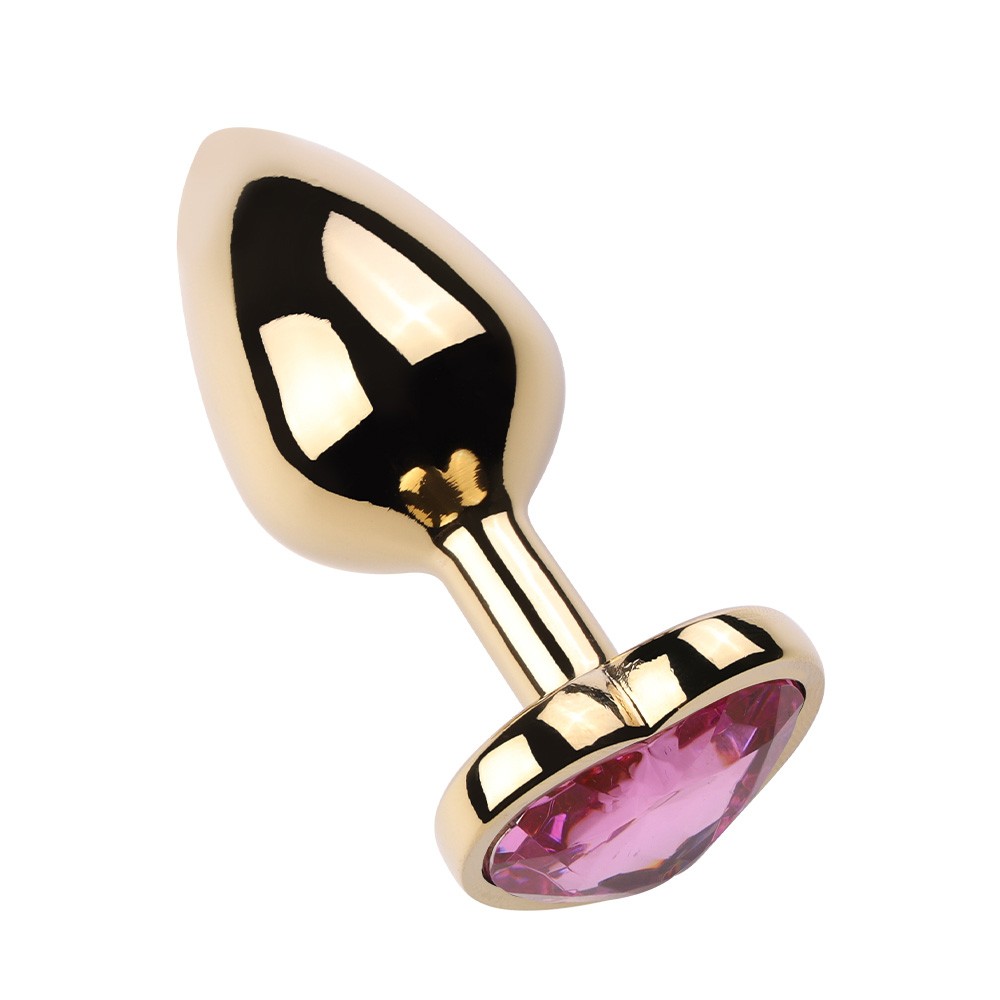 Vista da base do Plug Anal Joia Cora��o Dourado Tamanho G Rosa com o cora��o dourado proeminente, demonstrando sua fun��o de seguran�a e est�tica