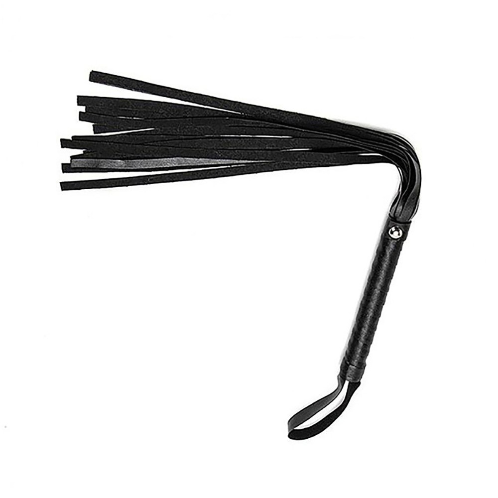 Kit Bondage 7: Venda, Morda�a, Corda, Flogger, Coleira com Guia e Duas Algemas - detalhe do flogger preto e da corda enrolada