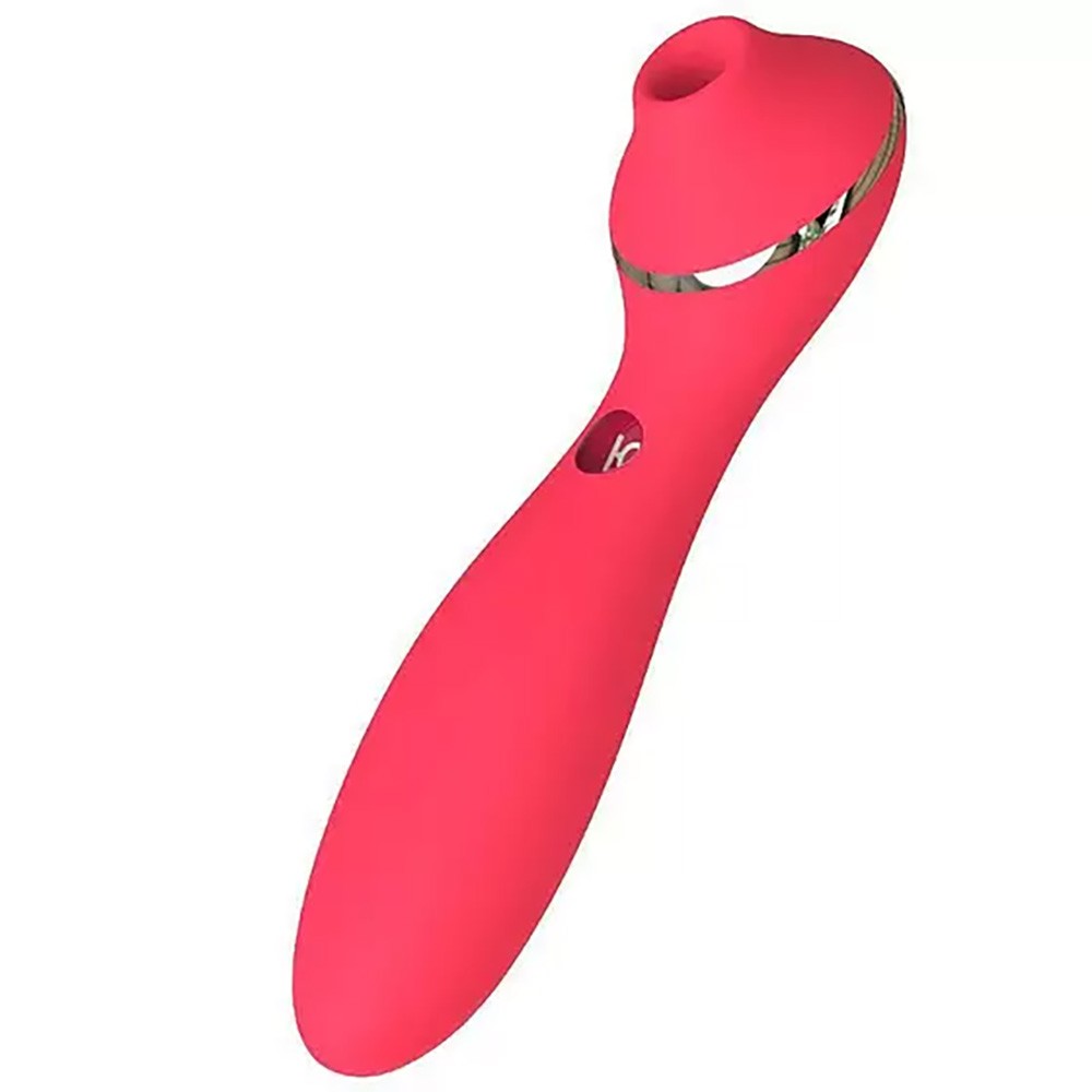Vibrador e Sugador para Cl�toris Recarreg�vel Polly Plus Vermelho em vista semilateral, destacando o design ergon�mico e o bot�o Kistoy