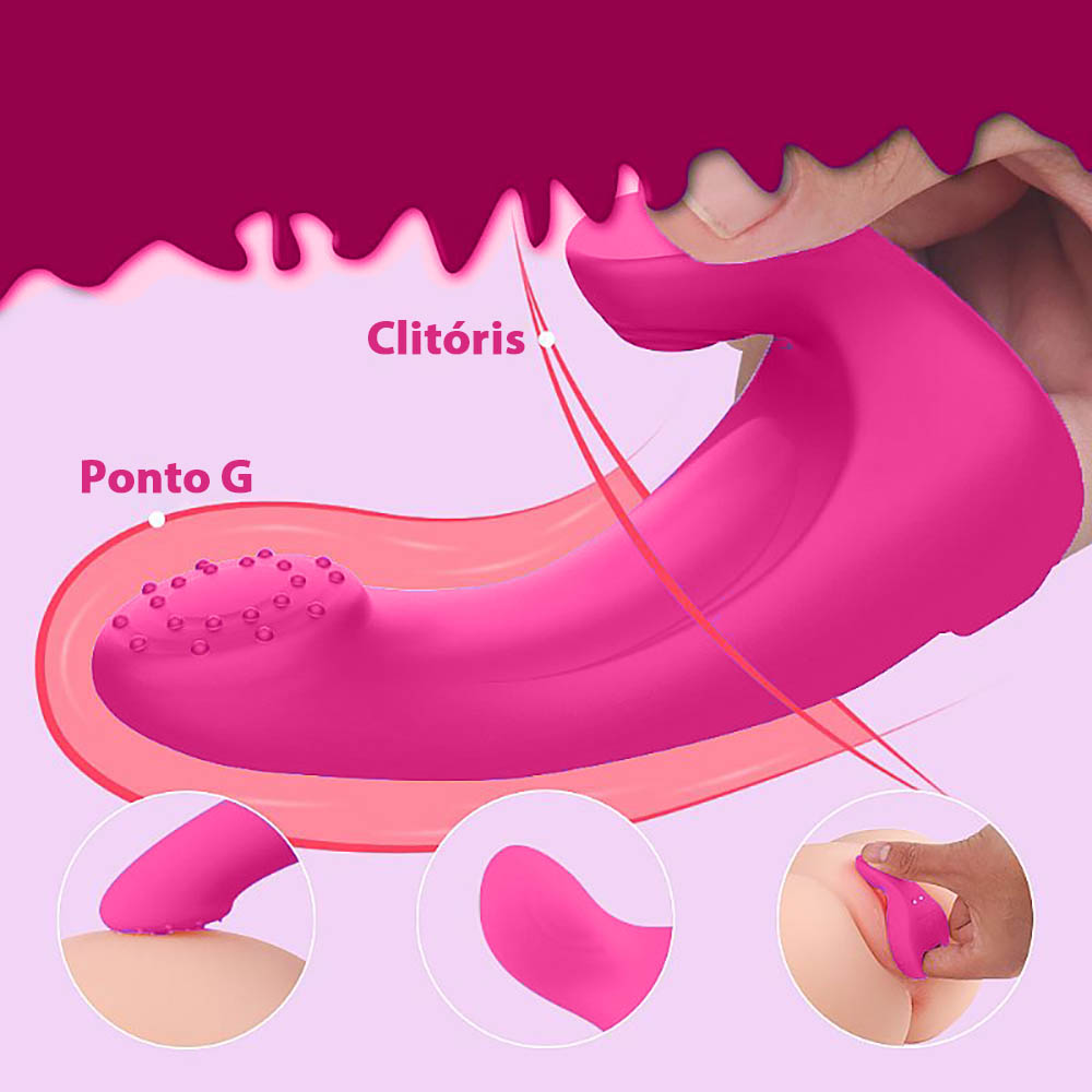 Estimulador Dedeira Finger Gun Pink: ilustra��o de uso focada na estimula��o precisa do Ponto G e Clit�ris.