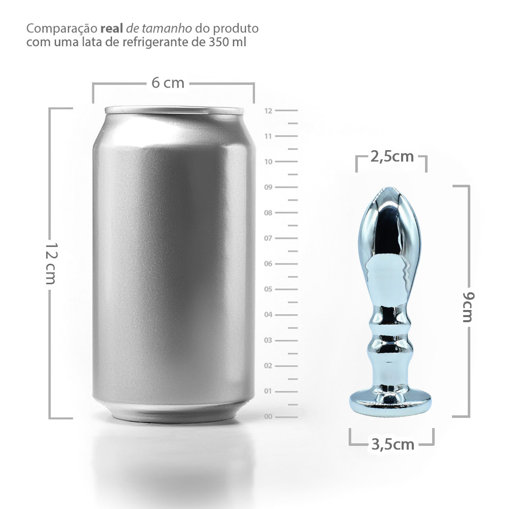 Close-up da ponta do plug anal de alum�nio prata, ilustrando o design da glande para inser��o confort�vel