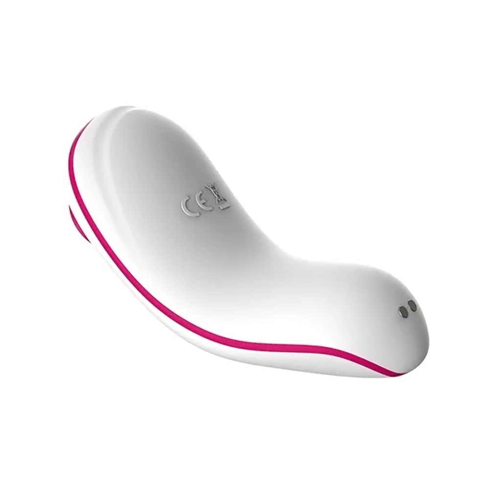 Vibrador para Clit�ris em Silicone e ABS Recarreg�vel 12 Vibra��es Addie Pink, vista da parte inferior com selo de certifica��o CE.