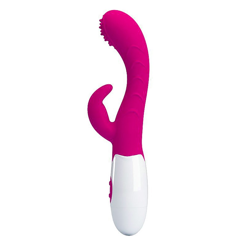 Vibrador Duplo Arthur Rosa (17043) em silicone rosa, mostrando o bra�o curvado para ponto G e a ponta com textura para estimula��o clitoriana.