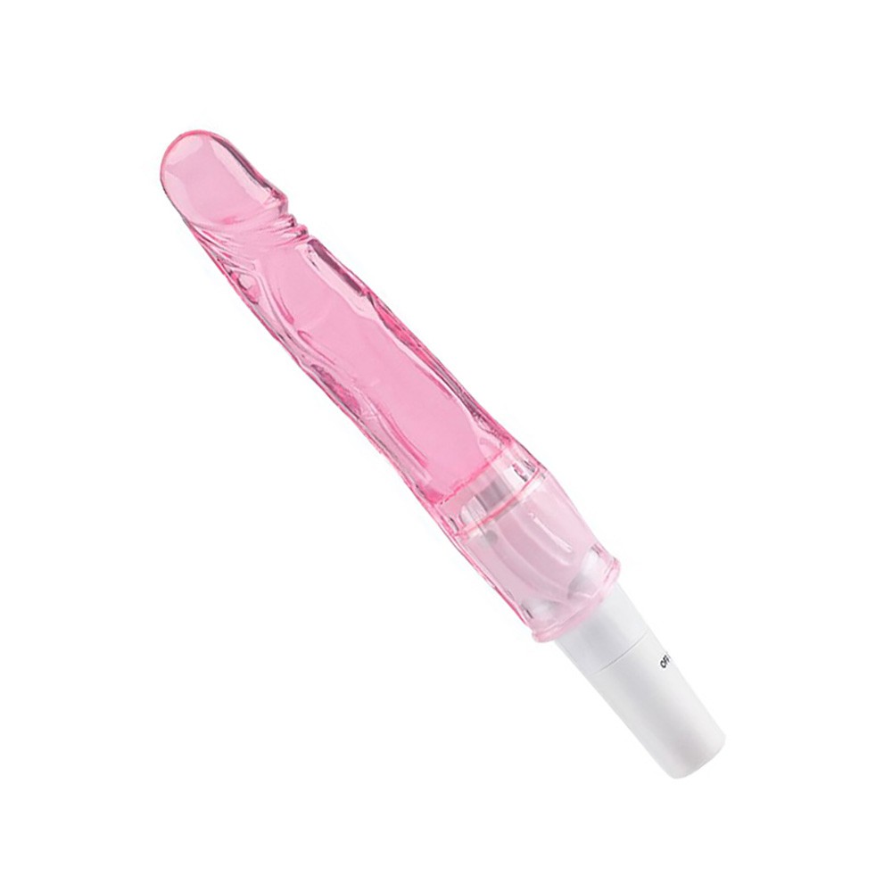 Vibrador Feminino em Jelly com Vibrador Rosa | Angulo que mostra o bot�o de ligar/desligar na base branca do vibrador.