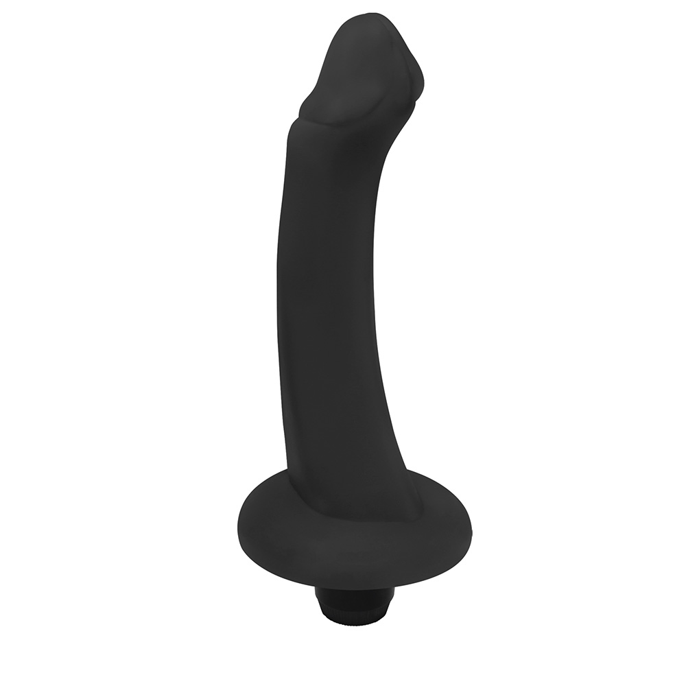 P�nis de Borracha Vacaciones com Vibrador preto, vista lateral do corpo com leve curvatura, base plana e textura suave