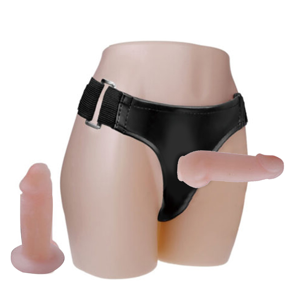 Cinta Peniana para Ela Jessica Bege, em PU e Nylon pretos, com acess�rio flex�vel cor bege posicionado, e um segundo acess�rio bege solto, em fundo branco.