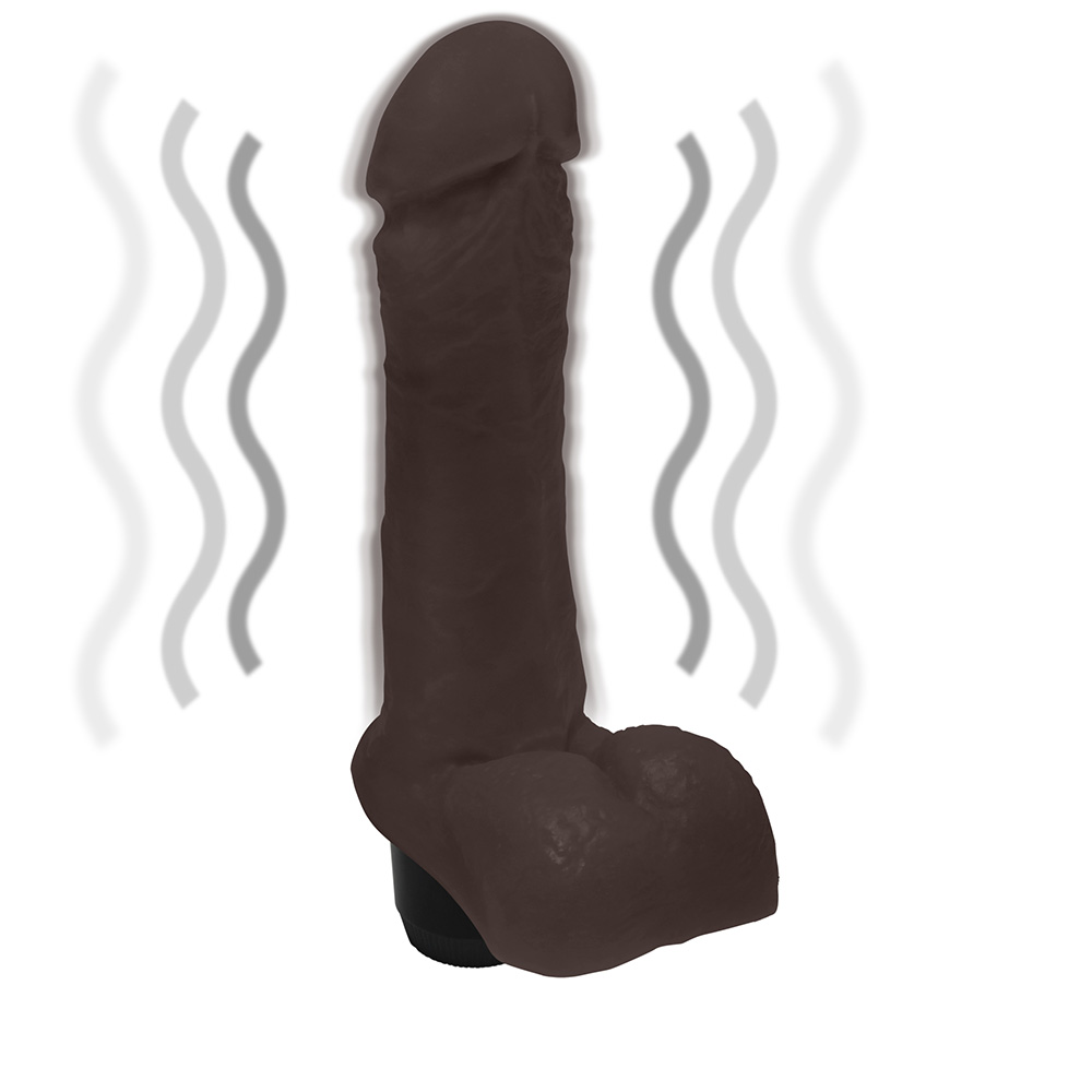 P�nis com Escroto e Vibro Ares 15 x 4cm Marrom em vista traseira destacando a base para cinta e o controle interno (embutido)