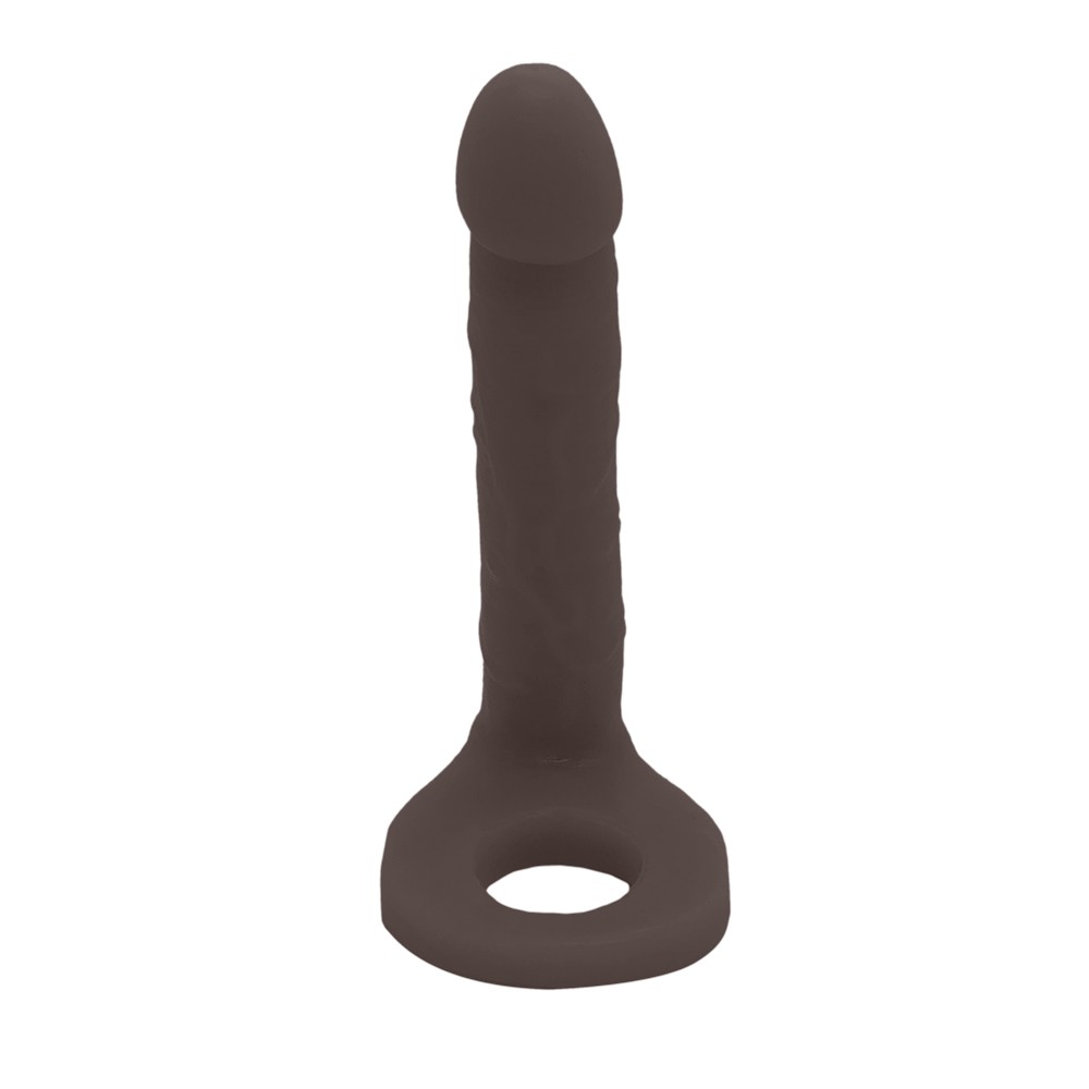Anel Companheiro Real�stico Marrom em vista lateral, exibindo anel e extensor para dupla penetra��o