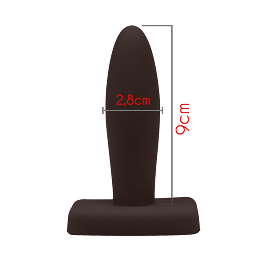 Detalhe do Plug Anal B�sico Flex�vel Marrom focado na base de seguran�a reta, com o corpo do plug levemente curvado