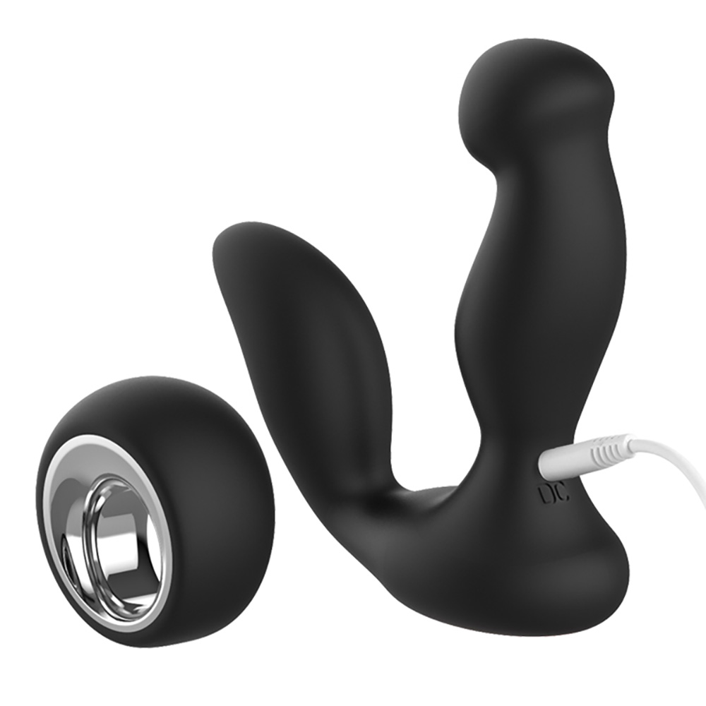 Estimulador de Pr�stata Abass Preto em silicone, com o cabo de carregamento inserido na base