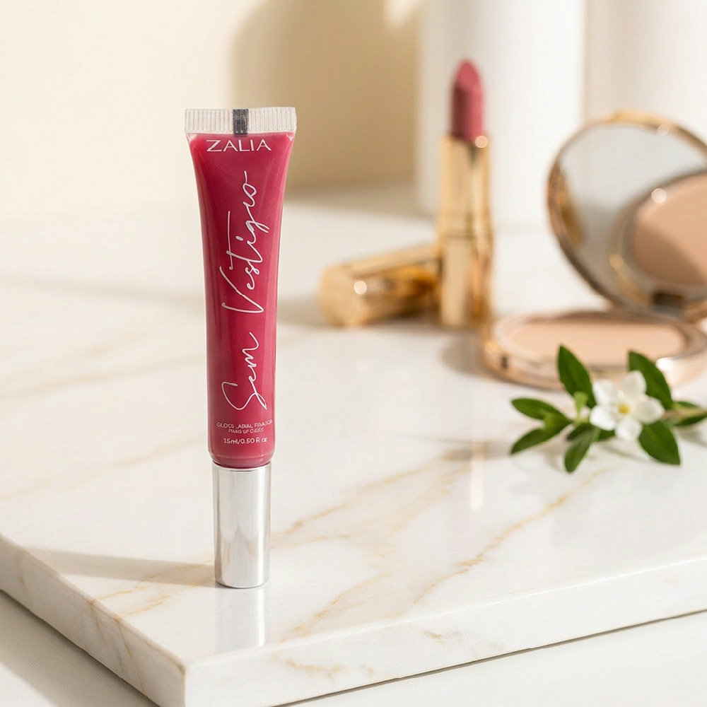 Vista lateral do tubo de Gloss Labial Hidratante e Fixador Sem Vest�gio Rosa 15ml, mostrando o bico aplicador.