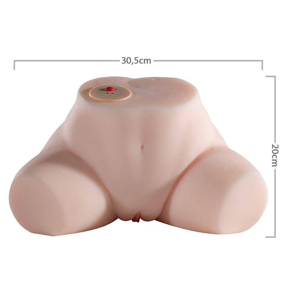 Masturbador em cyberskin formato de bunda, vista superior com foco no painel de controle vibrat�rio e no material que imita a pele, cor bege