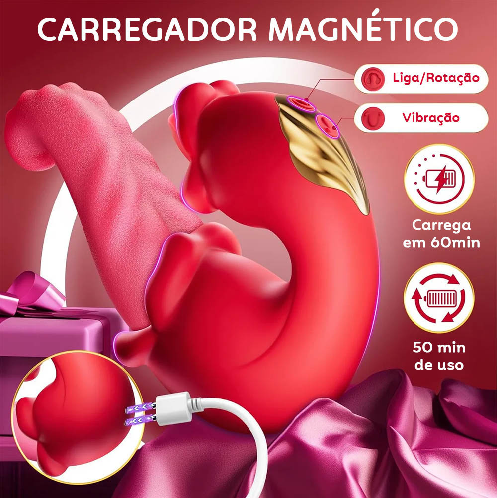 Vibrador Duplo Recarreg�vel em Silicone com 10 Vibra��es e 10 Rota��es Vermelho em outra perspectiva, real�ando o design e a textura do silicone.