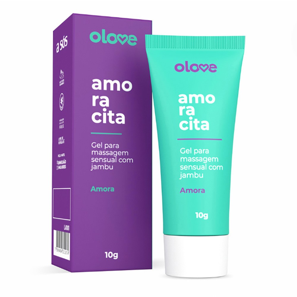 Gel Vibrador L�quido Beij�vel Amoracita, sabor amora intensa, com frasco e caixa fechados, apresentando o design do produto.