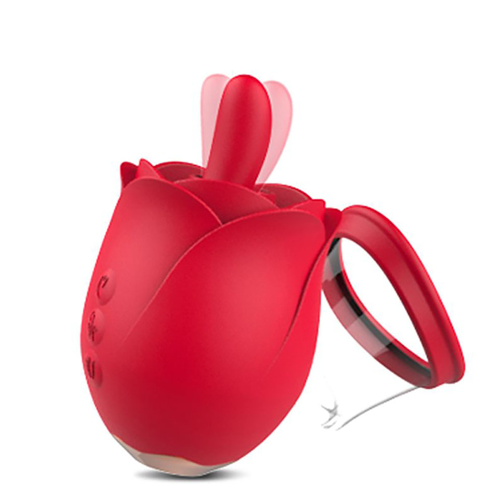 Vibrador para Clit�ris Recarreg�vel Flower 4 Vermelho, vista lateral com vibrador interno parcialmente exposto