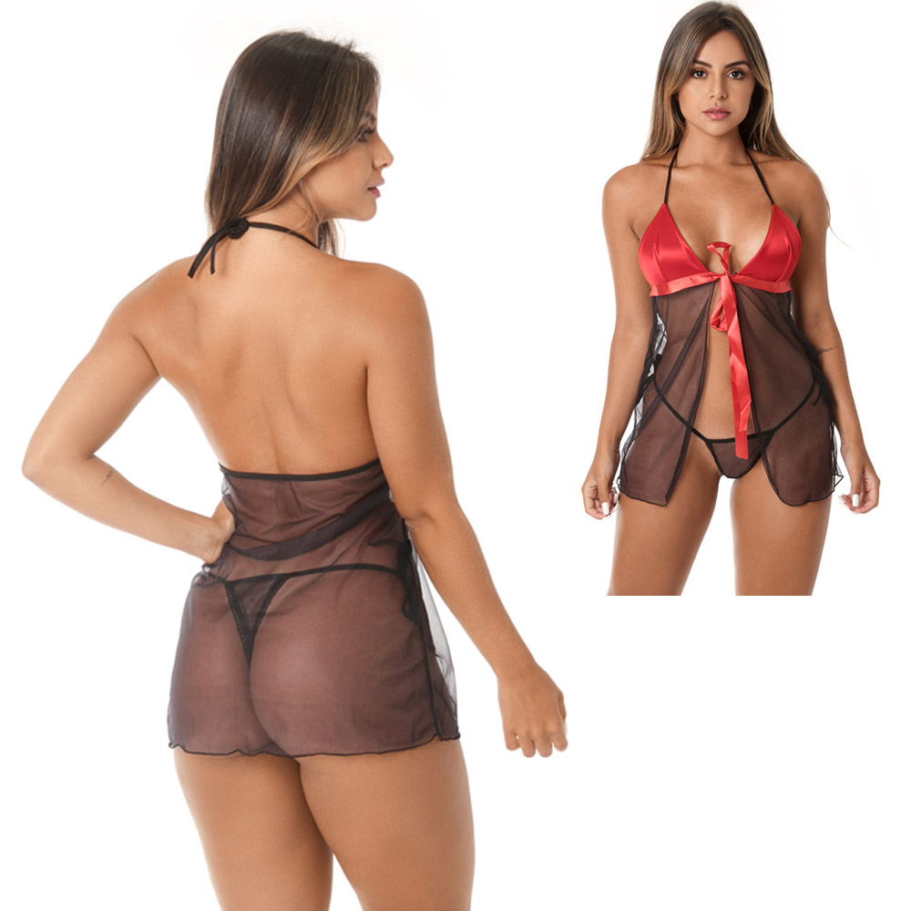 Baby doll em tule transparente preto e busto em cetim vermelho com amarra��o frente �nica e calcinha fio, vista lateral