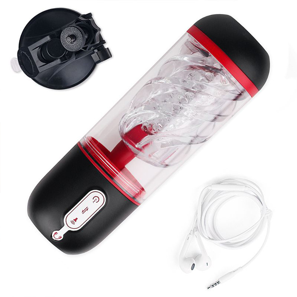 Vista superior do Masturbador Masculino Vivek Preto com a ventosa removida e fone de ouvido branco