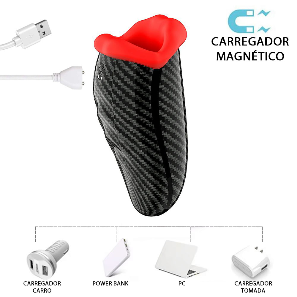 Masturbador Masculino Torin Preto visto de perto, destacando a abertura em formato de l�bios e o corpo com textura de fibra de carbono