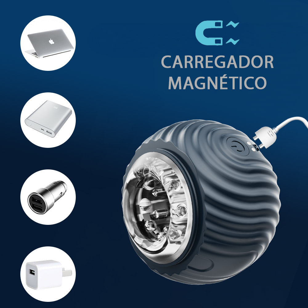 Vis�o geral do masturbador masculino disfar�ado, mostrando o design compacto e a textura externa ondulada, com os bot�es de controle e o ponto de carregamento USB.