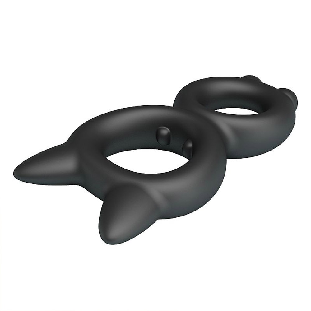 Anel Peniano e Escrotal Toran Preto com selo de 100% � prova d'�gua em primeiro plano, mostrando o produto na m�o e seu design em silicone