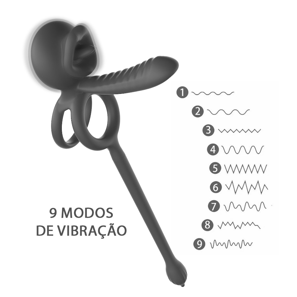 Anel Peniano e Escrotal Recarreg�vel em Silicone com Plug Anal, 9 Vibra��es e Controle APP Preto com indica��o dos 9 modos de vibra��o