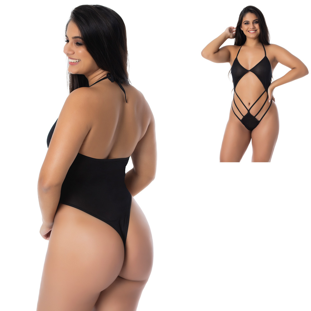 body preto em crepe com detalhes em el�stico, vista traseira, destacando o fio dental e as al�as