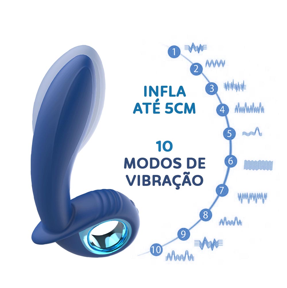 Estimulador de Pr�stata Alpha Azul com detalhes dos 10 modos de vibra��o e ponta infl�vel de 5cm