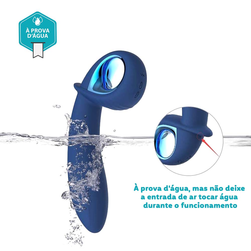 Estimulador de Pr�stata Alpha Azul sendo usado em �gua, destacando sua caracter�stica � prova d'�gua