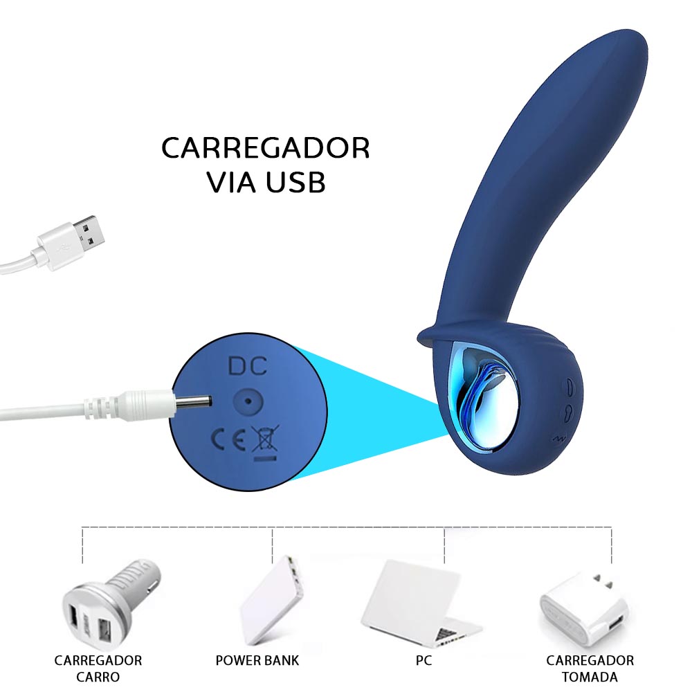 Estimulador de Pr�stata Alpha Azul em close, mostrando o detalhe do controle sem fio e os bot�es intuitivos