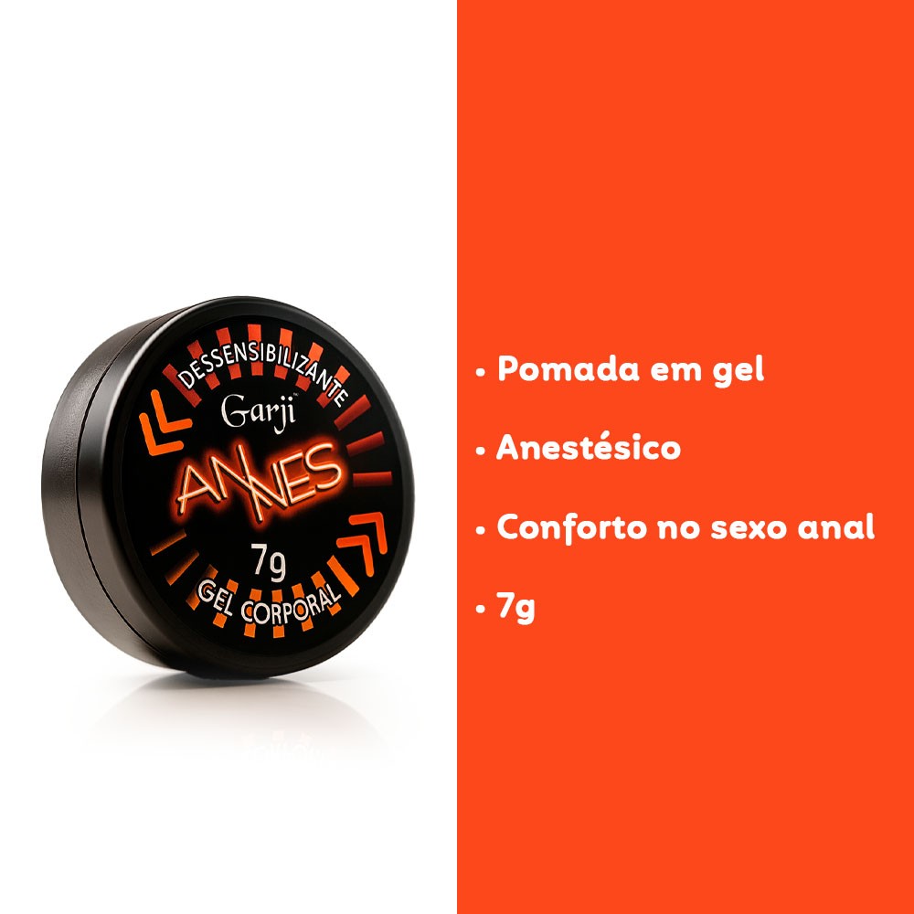 Gel para Sexo Anal Annes 7g com informa��es de 'Pomada em gel', 'Anest�sico', 'Conforto no sexo anal' e '7g' ao lado em fundo laranja