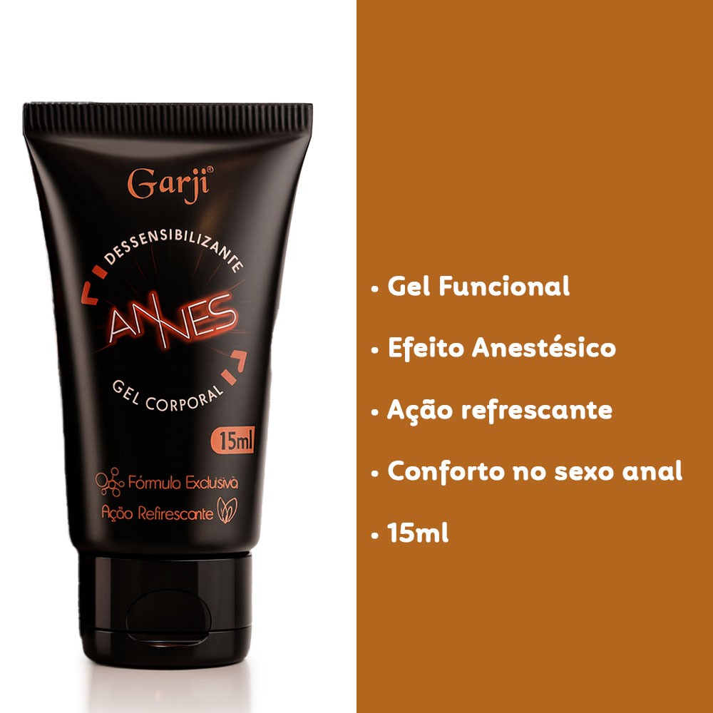 Gel para Sexo Anal Annes 15g - Embalagem e principais benef�cios destacados: Gel Funcional, Efeito Anest�sico, A��o refrescante, Conforto no sexo anal, 15ml.