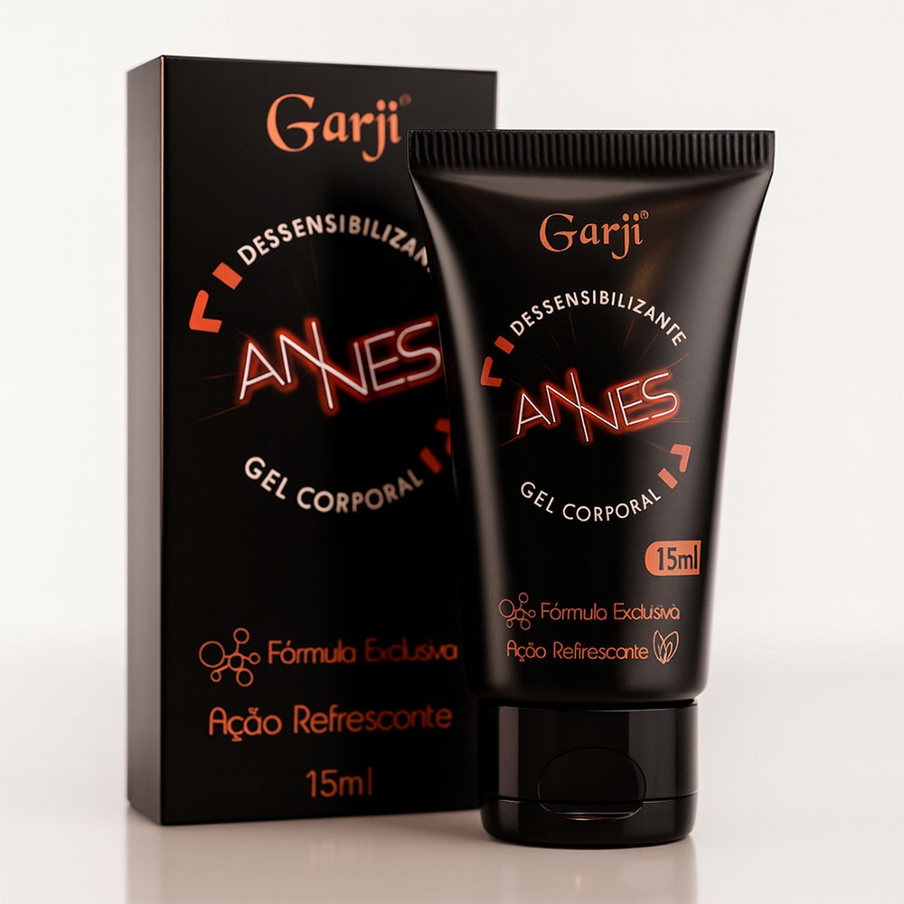 Gel para Sexo Anal Annes 15g: vista frontal do tubo preto com tampa flip-top e detalhes da marca Garji, indicando a a��o dessensibilizante e refrescante.