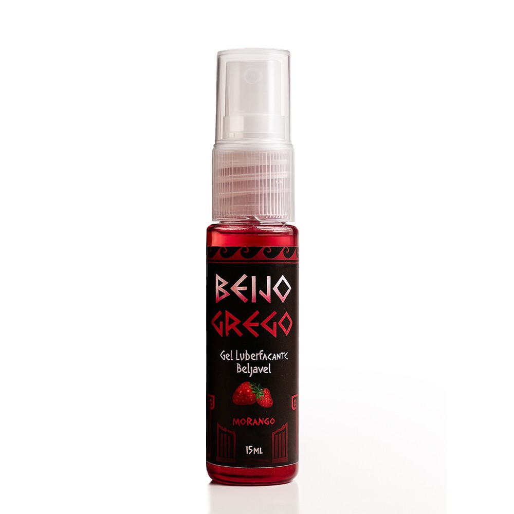 Frasco do Gel Beijo Grego Beij�vel Morango 15g em close-up, destacando o r�tulo e a cor avermelhada do gel.