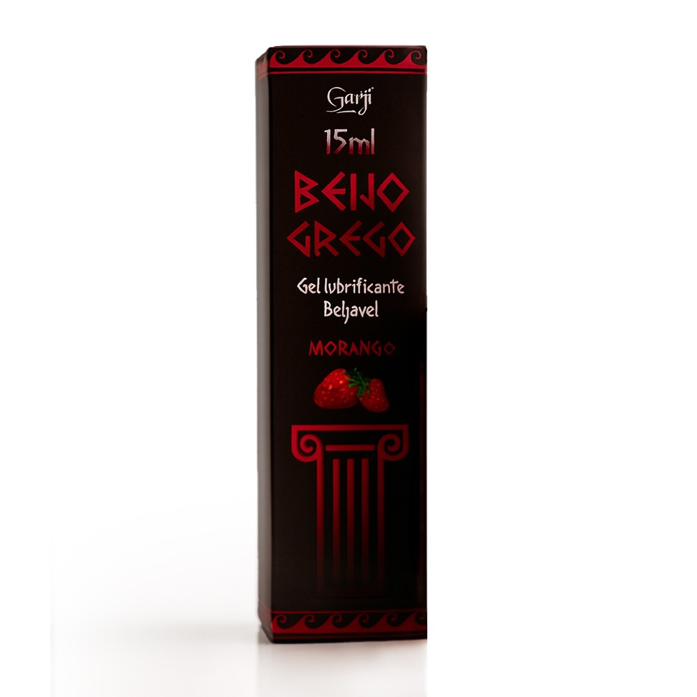 Caixa do Gel Beijo Grego Beij�vel Morango 15g em p�, com o r�tulo detalhado e a indica��o de 15ml.
