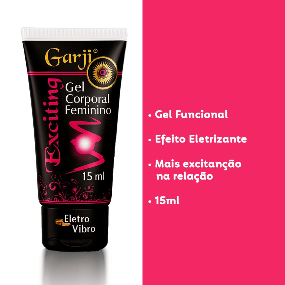 Gel Excitante Feminino Exciting 15g | Foto mostrando o produto ao lado de uma lista de seus benef�cios, como 'Efeito Eletrizante' e 'Mais excita��o na rela��o'.