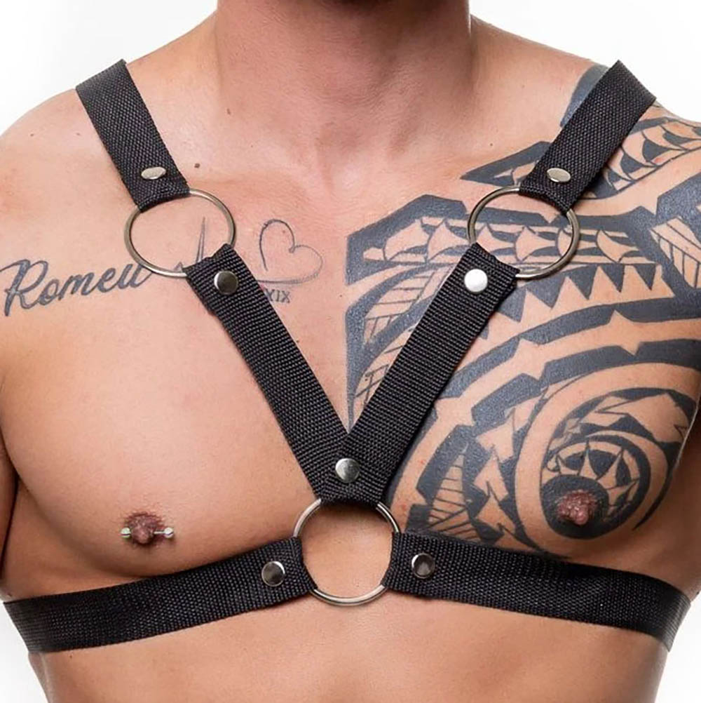 Harness Arreio Masculino em Nylon Preto, close frontal das argolas met�licas e regulagens no peito