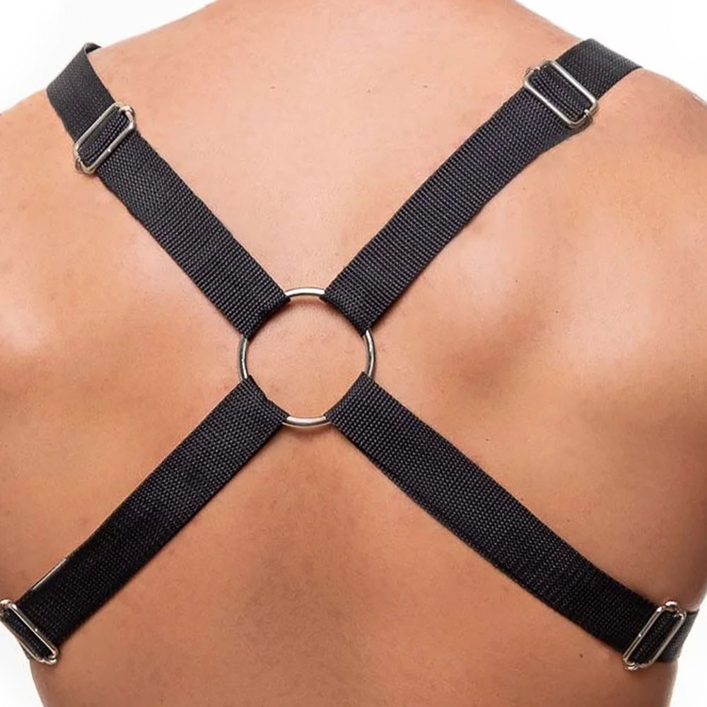 Harness Arreio Masculino em Nylon Preto com Argolas e Regulagem, vista traseira detalhada