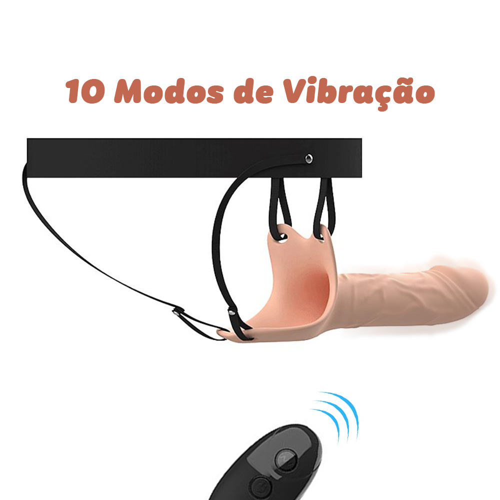 produto | Capa peniana bege com cinta e controle remoto, exibindo os 10 modos de vibra��o