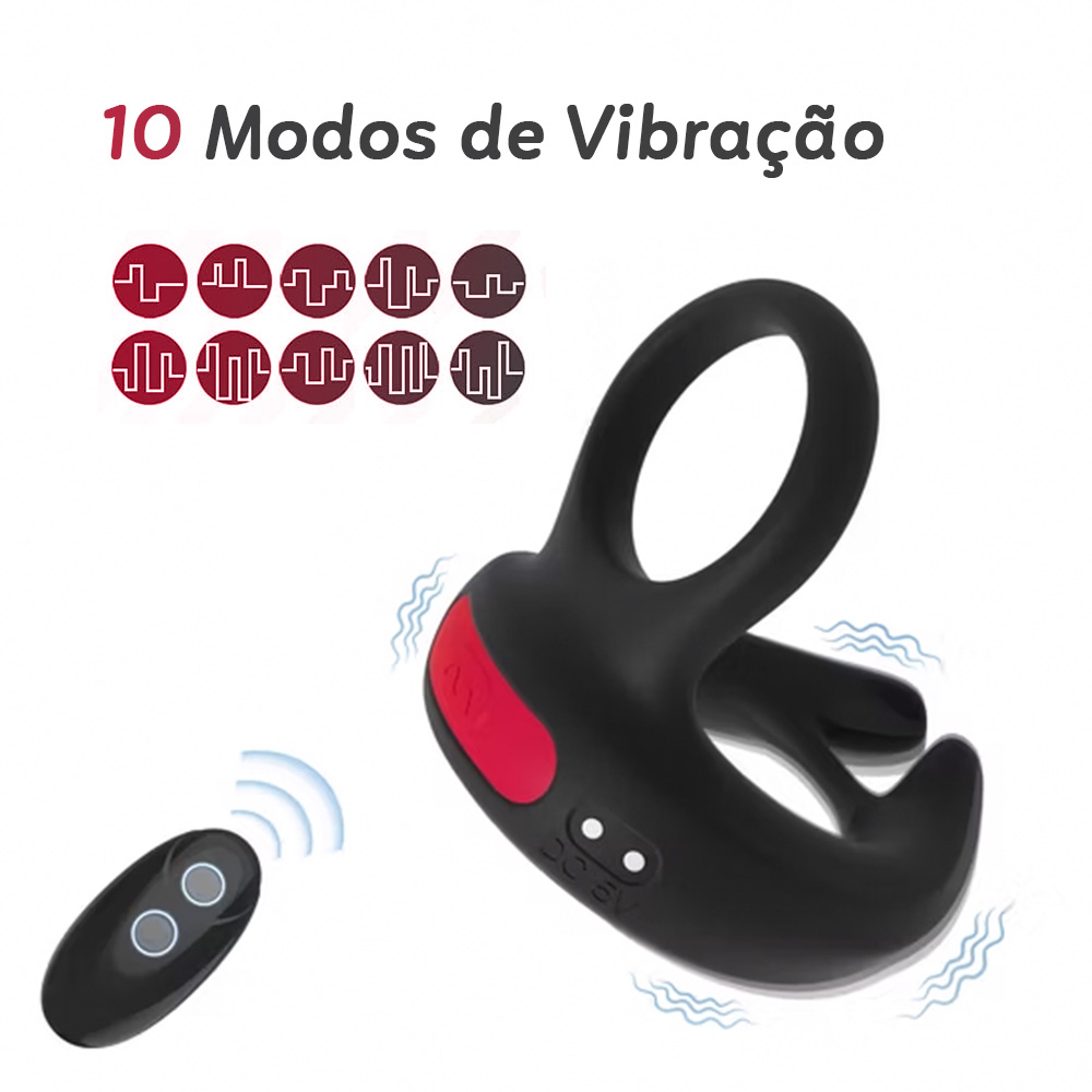 Anel peniano e escrotal vibrat�rio preto com controle remoto sem fio, mostrando 10 modos de vibra��o