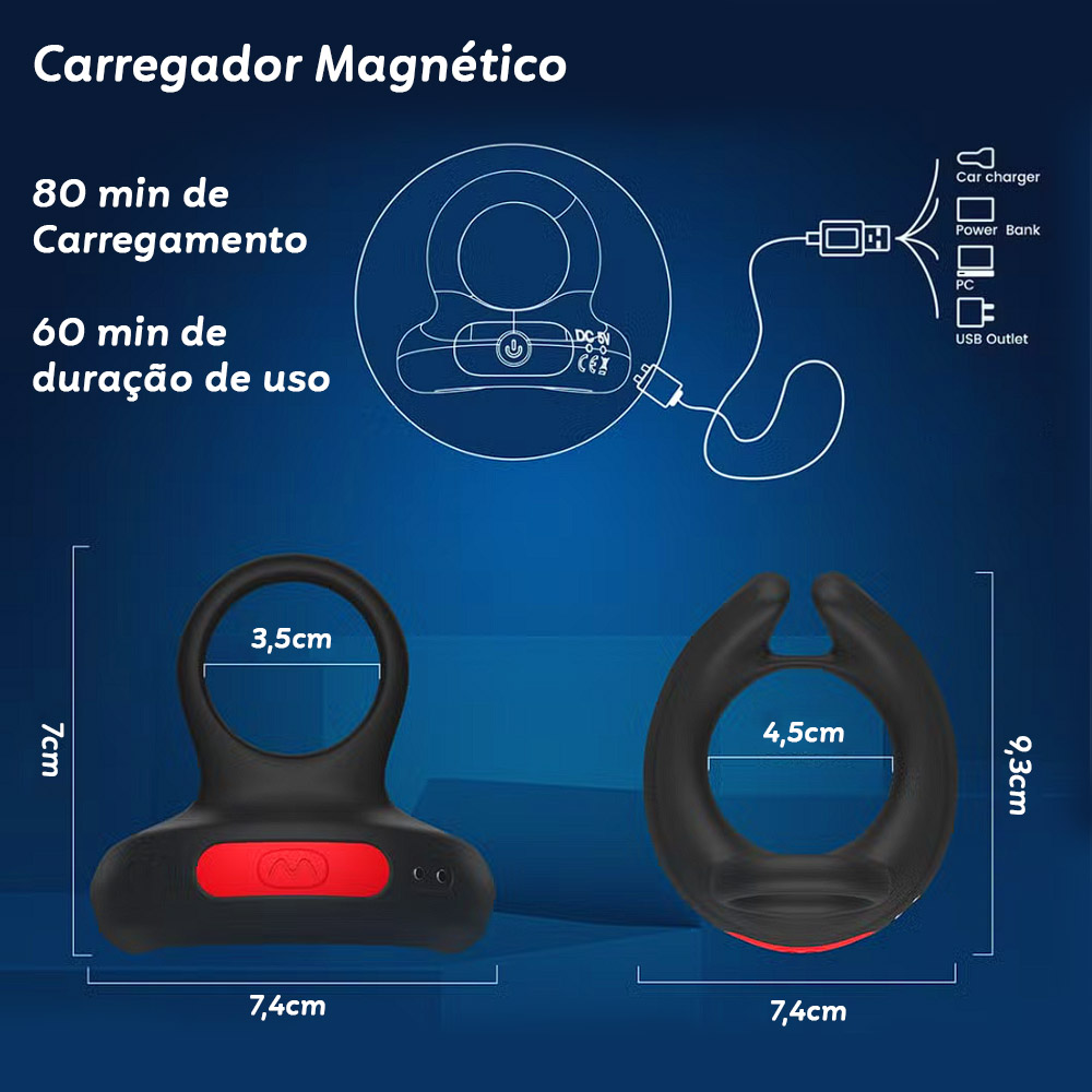 Vista superior do anel peniano vibrat�rio preto, mostrando seu design flex�vel em forma de an�is interligados