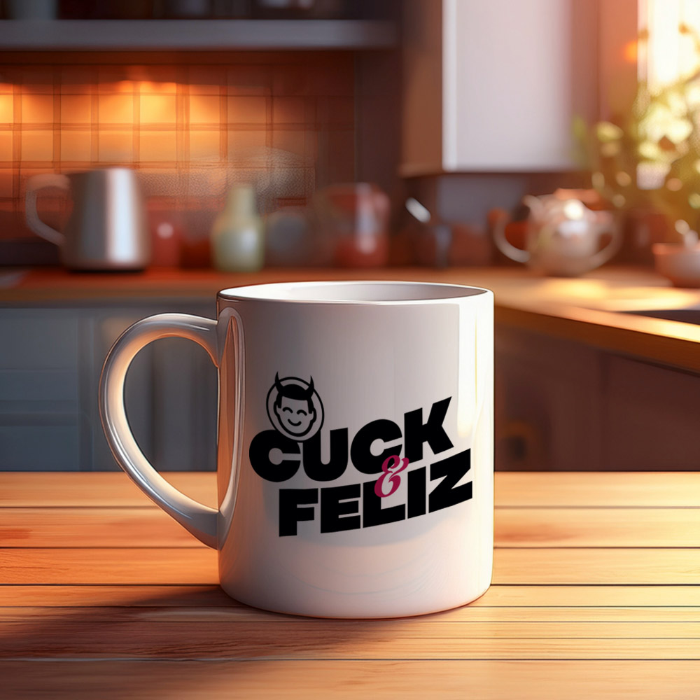 produto | Caneca Cuckold 'Cuck e Feliz' branca em cen�rio de cozinha, vista frontal