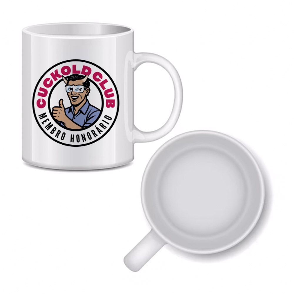 Caneca Cuckold branca com bras�o Cuckold Club e fundo branco