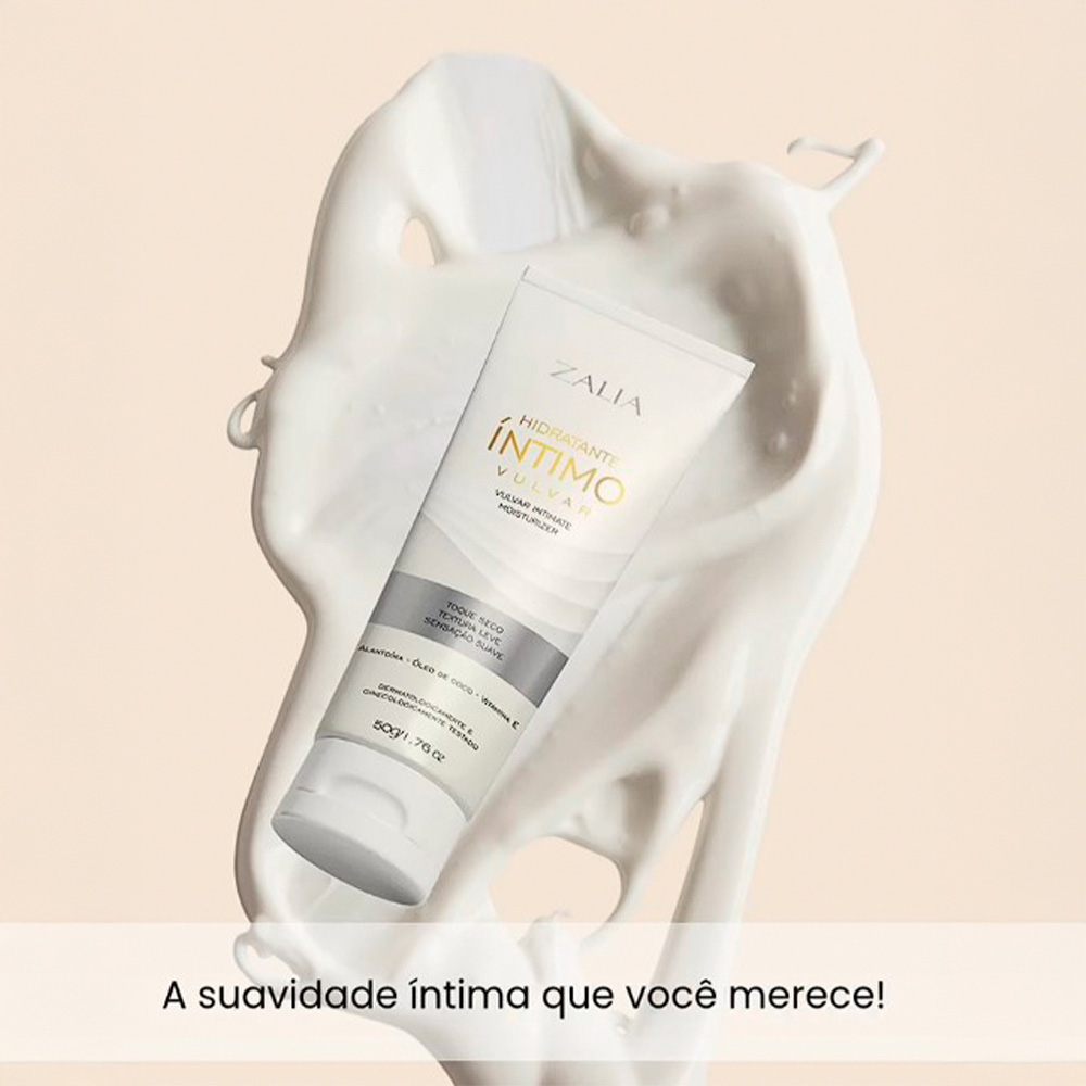 Hidratante �ntimo Vulvar Zalia em embalagem de bisnaga branca, com destaque para a textura leve em fundo creme